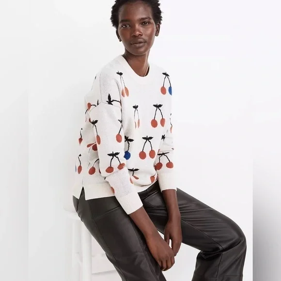 Madewell Wool & Alpaca Cherry Jacquard Pullover Sweater, Size XXS - Picture 2 of 9